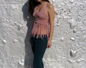 Crochet fringe crop top, light pink linen color, boho hippie shirt