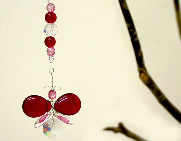 Swarovski Crystal Suncatcher Hanging Glass Butterfly Ornament Wedding Decor Garland Car Charm Rear View Mirror Window Red Pink Butterfly