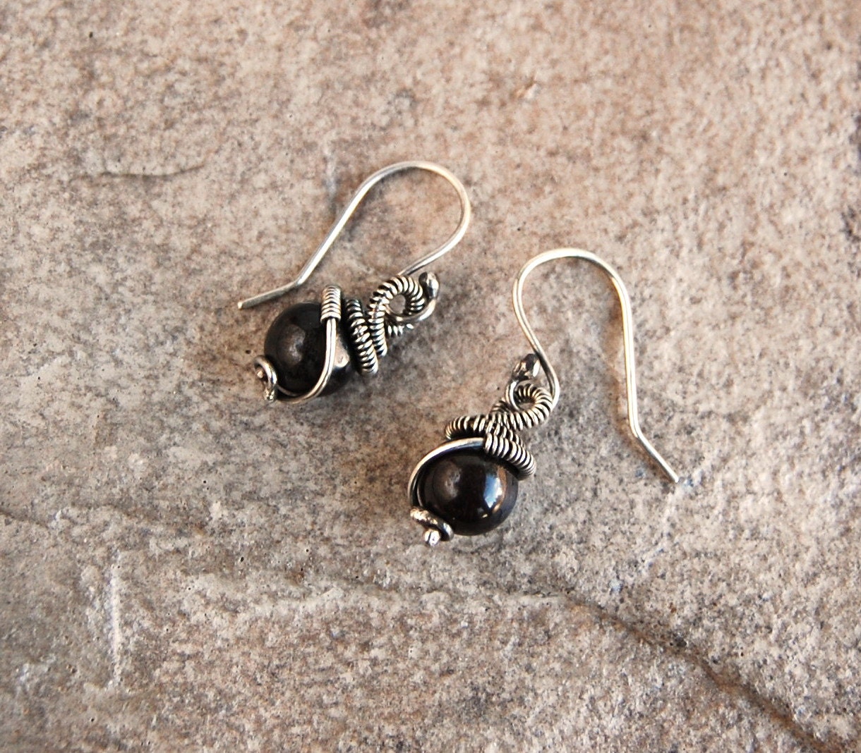 Sterling Silver Garnet Drop Earrings - Oxidized Silver Coiled Wire Wrapped Earrings January Birthstone