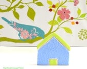 Miniature blue clay house, neon colors, spring summer home decoration