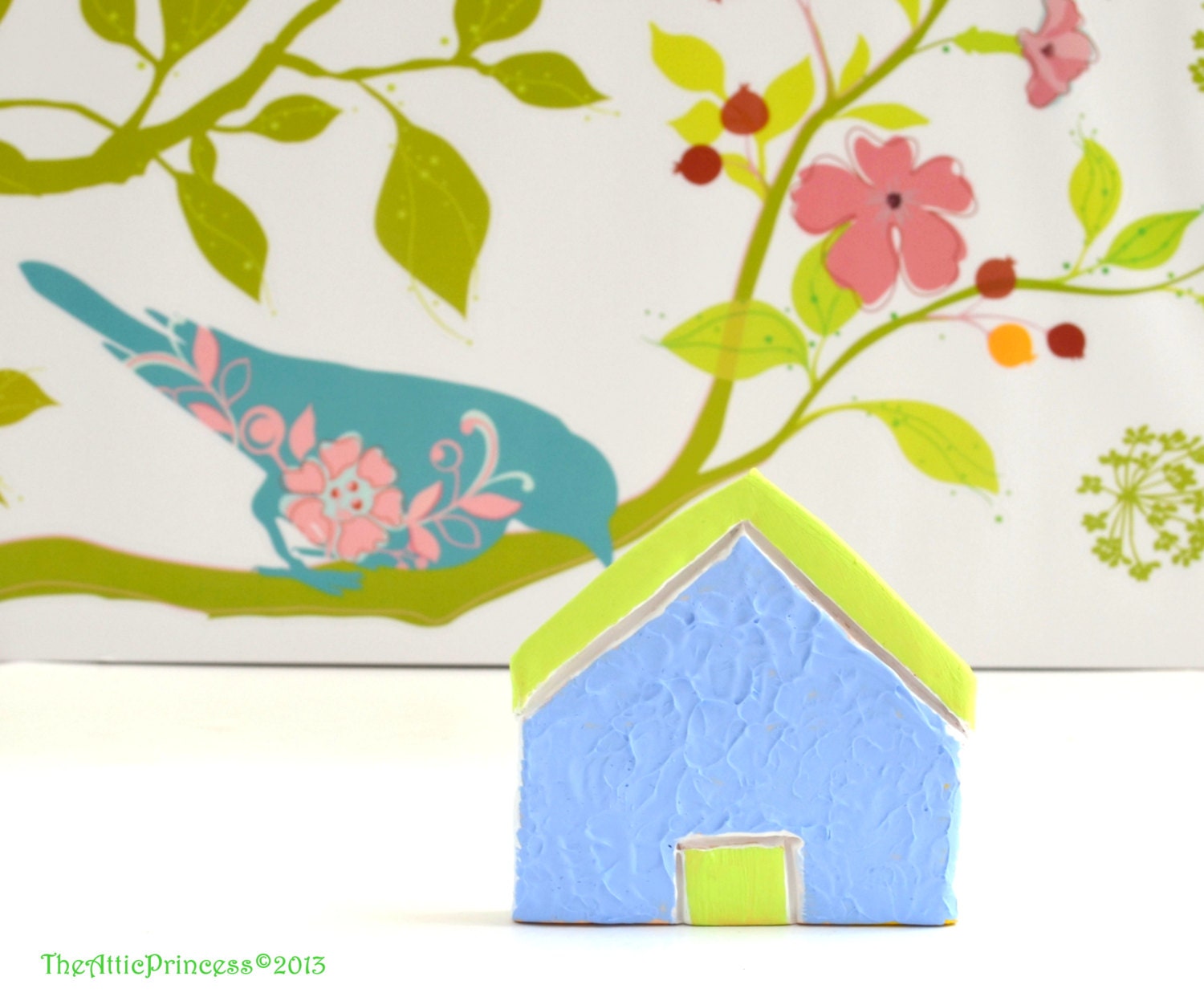 Miniature blue clay house, neon colors, spring summer home decoration
