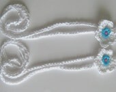 Cotton White Barefoot Sandals with Blue Button Flower Handmade Crocheted One Size Fits Tweens, Teens and Women