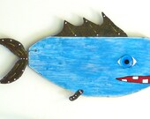 Funky colorful recycled wood and steel fish art, Joe zuppa di Pesc-e