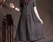 Linen Shirt Dress in Charcoal / Long Shift Dress with tucks - Custom