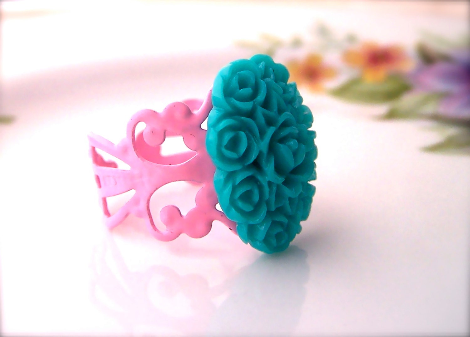 Flower Resin Ring, Seafoam Flower Cluster, Oval, Powder Pink Adjustable Base, Shabby Chic, Women, Teens Trendy Ring