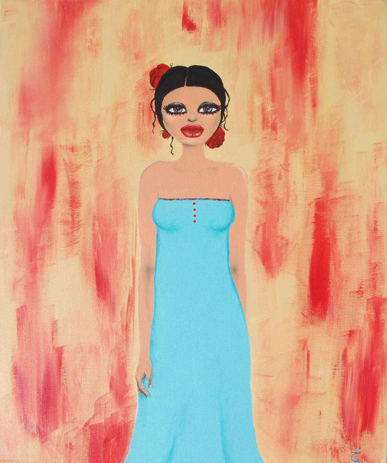 Art print of girl in blue dress with red roses in her hair 8x10