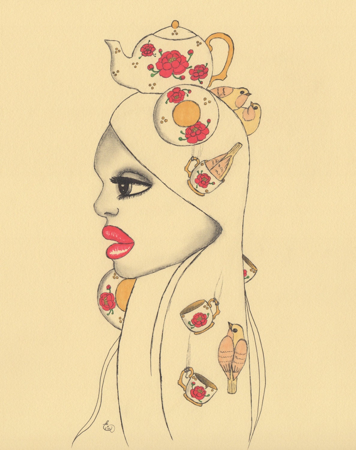 Whimsical art print of girl with teapot teacups and birds in her hair