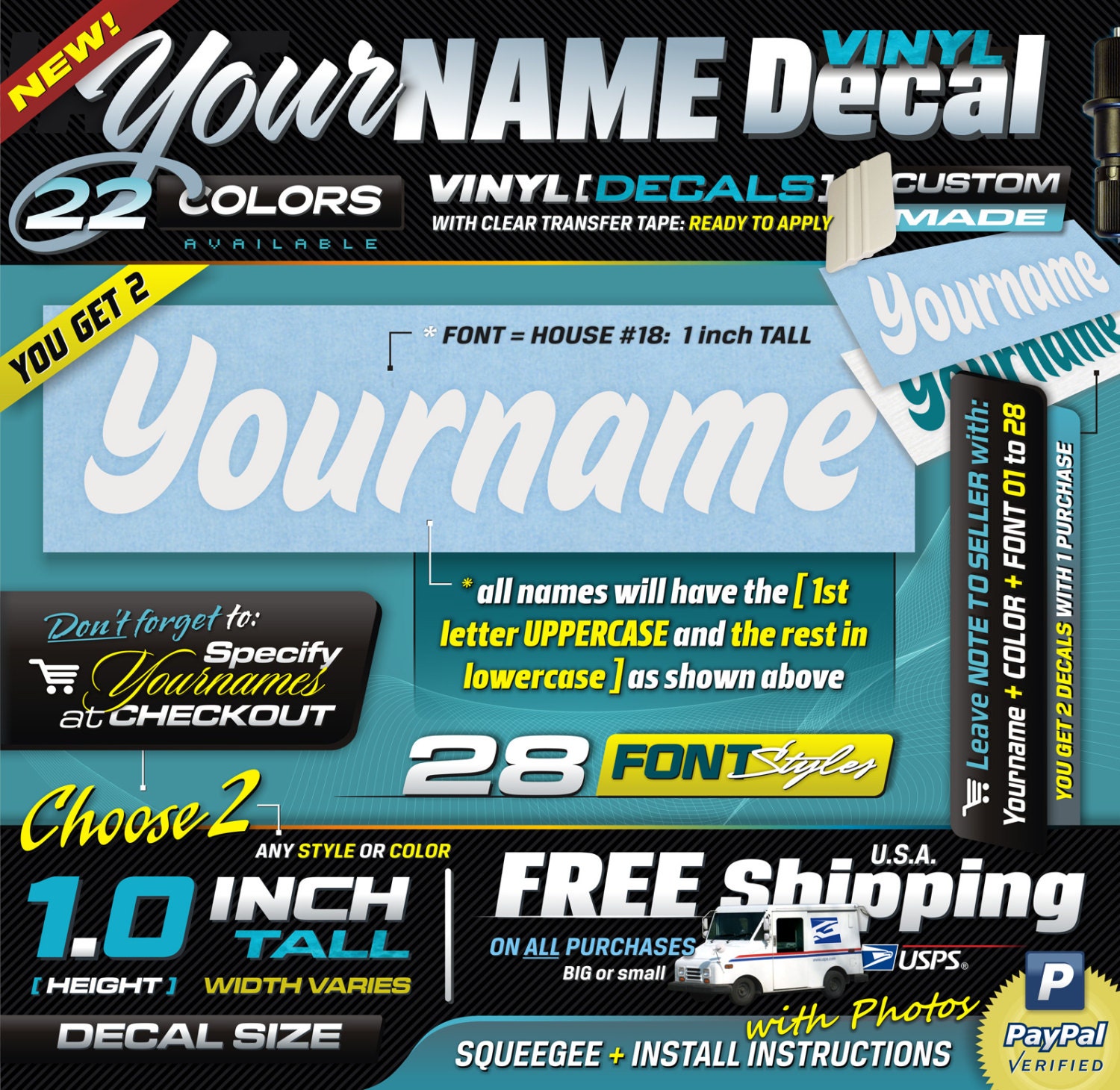 1" tall (2) Your Name Custom / Personalized Vinyl Decal Sticker Car Laptop