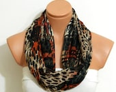 Infinity Scarf ,Leopard scarf,cinnamon, black.leopard pattern pchiffon fabric  Loop Infinity Scarves. Circle Scarf ,Womens Accessories.