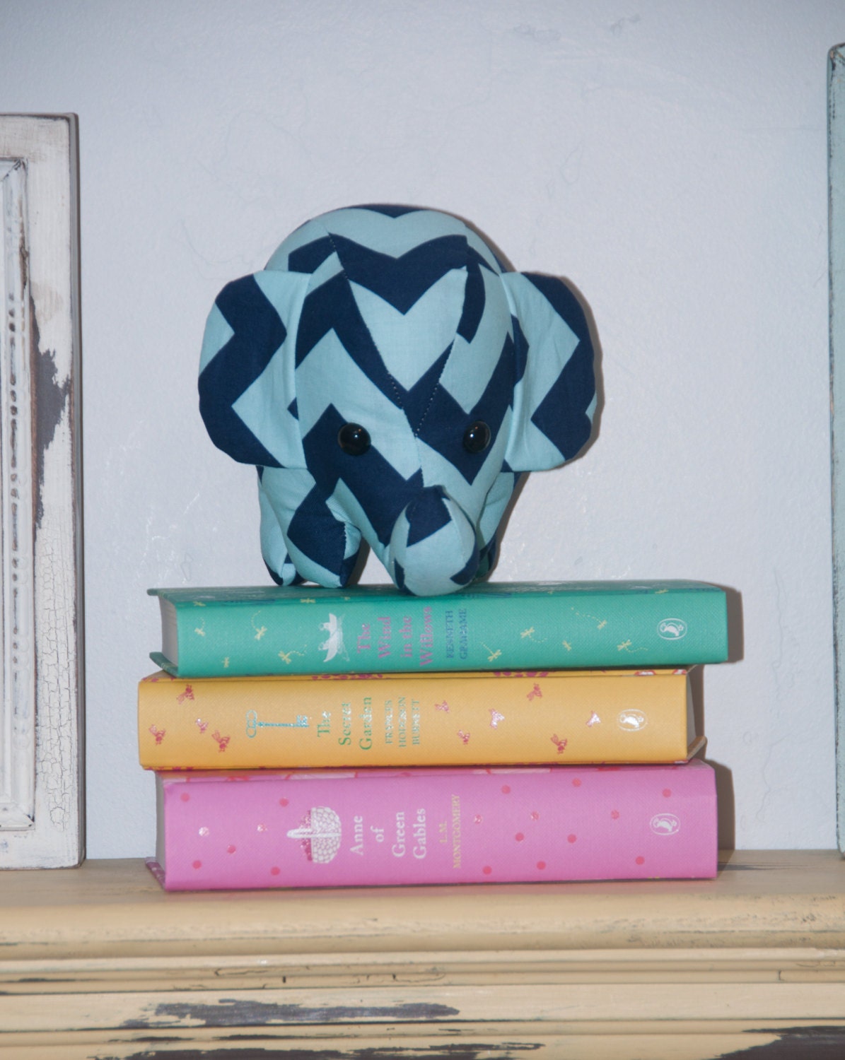 elephant stuffed animal - blue 2 tone chevron/ baby blue/navy