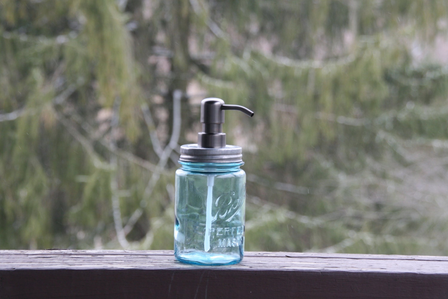 Blue Mason Jar Soap Dispenser with Metal Bronze Pump - Pint Jar Lotion Bottle - Ball Perfect Mason
