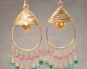 Kashmir 37 Hammered drops with mandarin garnet, pink ruby, and apatite