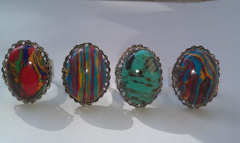 Cabachon gemstone multi colored silver cocktail rings