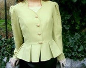 70s does 40s -  apple green jacket / peplum evening jacket / Rita Hayworth jacket / pearls / Victorian Hourglass shape / formal jacket (S/M)