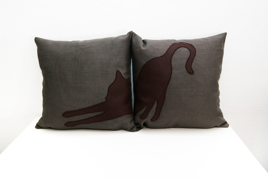 Stretching cat cushion covers - brown and dark brown - Made to Order