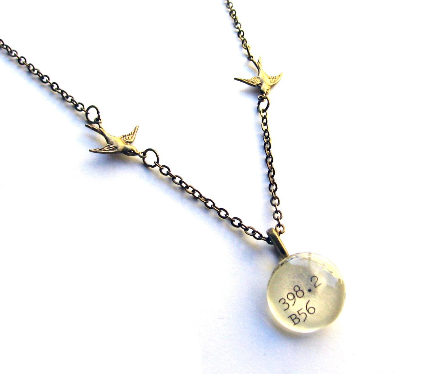 Twin Sparrows Brass Reclaimed Library Card Pendant Necklace Librarian Jewelry