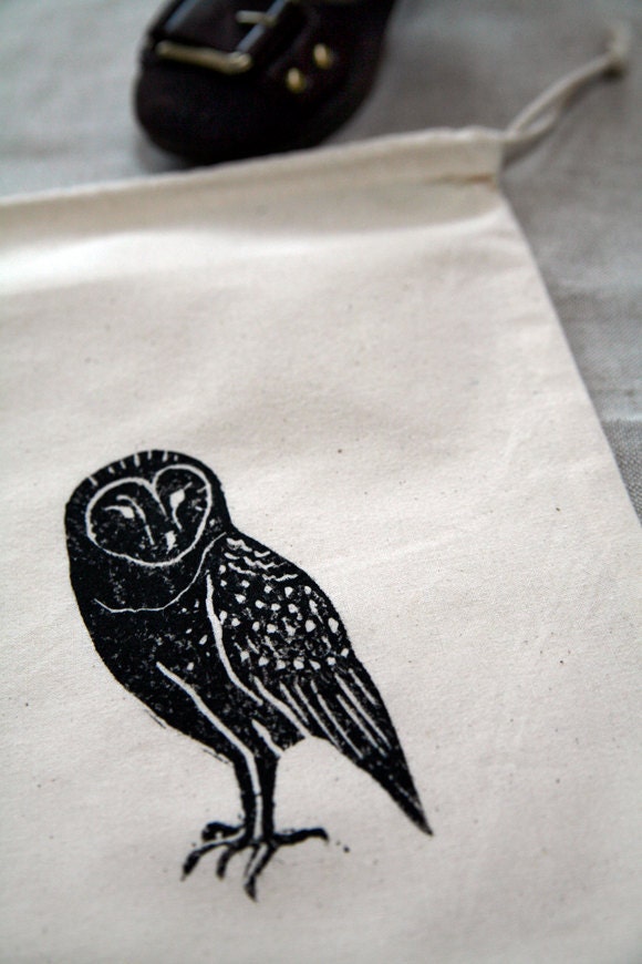 Barn owl hand printed women's shoe bag - woodland bird, black, rustic, cotton, travel, storage - Corydora