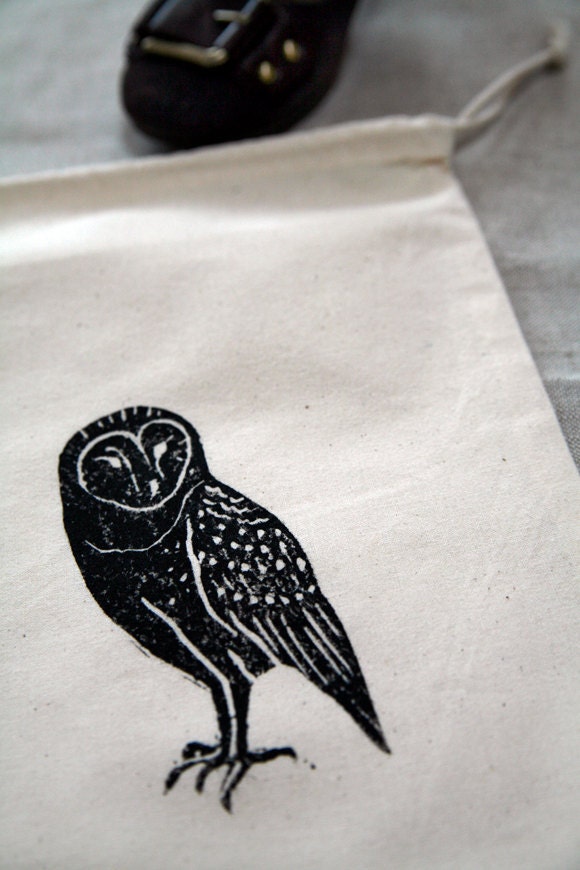 Barn owl hand printed women's shoe bag - woodland bird, black, rustic, cotton, travel, storage