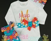 PERSONALIZED Layette Newborn Baby COMING HOME Bodysuit Onesie, Name Bow Beanie and Leg Warmer Outfit for Little Girls - Custom