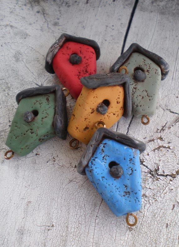 Small Birdhouse connector beads- polymer clay charm- ONE- Poppy red. Mustard yellow. Sage Green. French blue. Grass green.   Jettabugjewelry