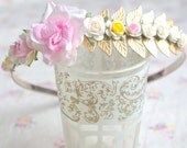 Gold Leaf and Pink Rose Bridal Headband