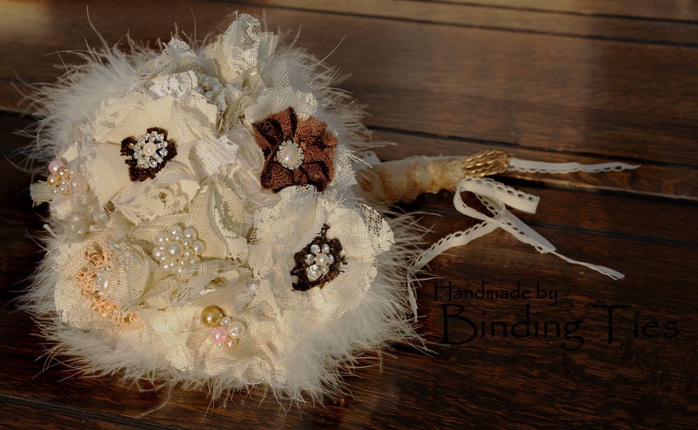 Ivory cream rustic shabby posie bouquet with feathers, silk, burlap, linen, lace, vintage buttons, pearls and diamante