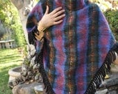 Lovely & Warm Poncho 60s 70s Plaid Fringe Wool Poncho Cape Jacket Shawl Throw made in Scotland size XS S M