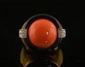 Spectacular salmon coral black onyx and diamond retro one off ring