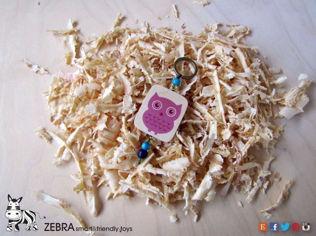 A super-cute Owl one of a kind wood key chain turquoise purple wooden beads. Handmade eco friendly gift