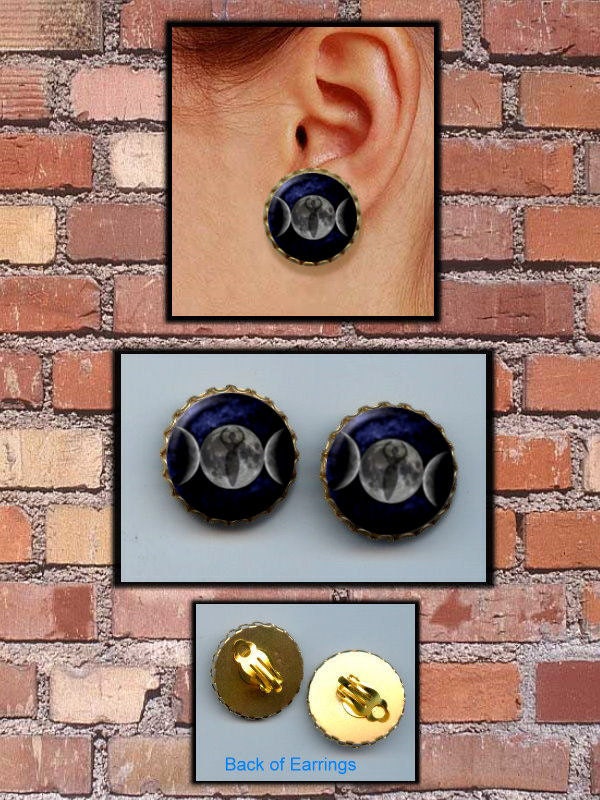 Triple MOON Goddess wicca symbol pagan CLIP ON Hand Pressed Cabochon Earrings