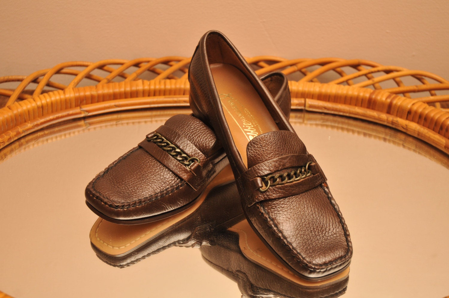 NOS 1960s Cobbie Handsewn Vintage Leather Loafers Driving Moccasins DATED Feb 1969 Chain Ladies 7.5 M