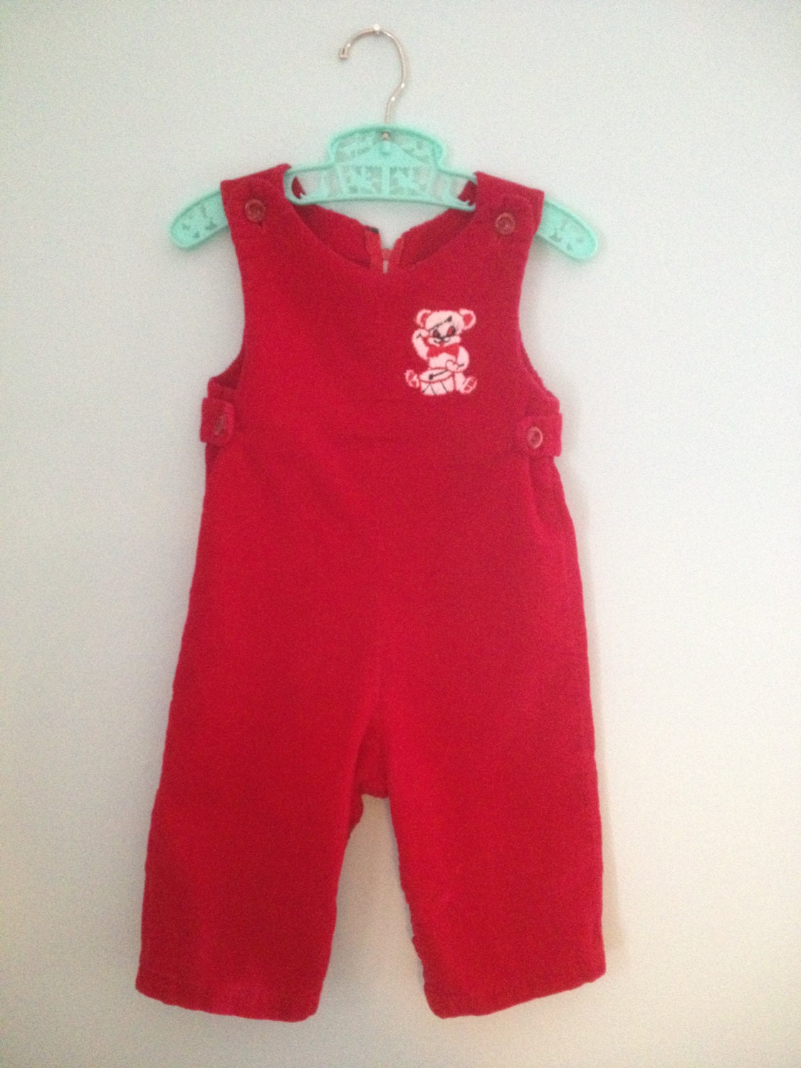 Vintage Red Corduroy Overalls with Teddy Bear Applique 9-12mo - toadstoolvintage