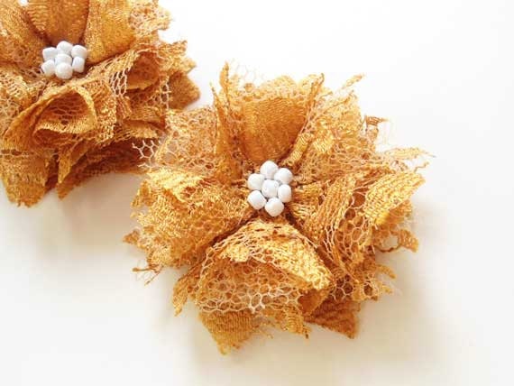 Gold Flower Hair Accessories, Lace Flowers Hair Clips, Bridesmaids Hair Accessories Honey Gold Fabric Flowers Hair Pieces White Beads, Gifts