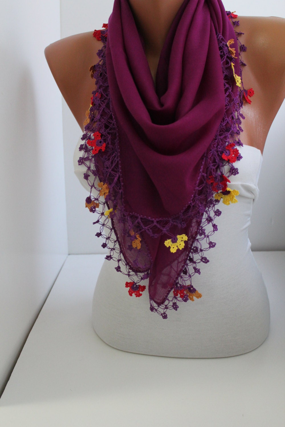 NEW- Purple Yemeni Shawl Scarf  Oya Headband- Crochet edge-