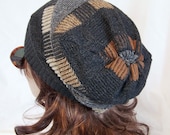 Charcoal grey stripe recycled sweater hat patterned slouchy beanie handmade cotton upcycled eco clothing accessories unisex men women adult