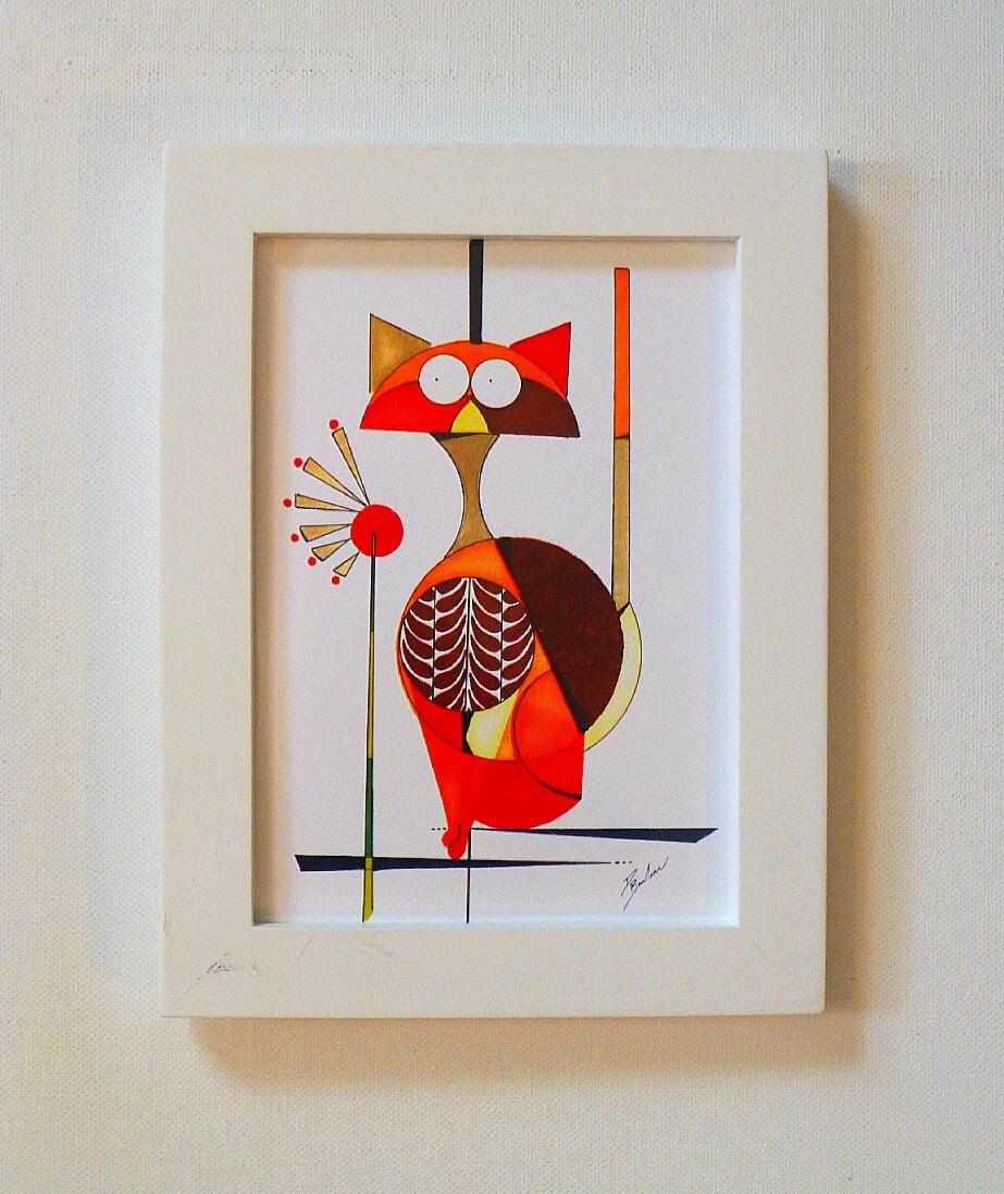 Original Retro Mod Cat Painting, 5x7 print,   COLBY, mid century modern style, Atomic Cat Art