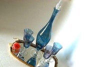 Vintage beautiful elegant decanter and glasses set Mid Century blue with etched floral design wine decanter whiskey decanter stemmed glasses