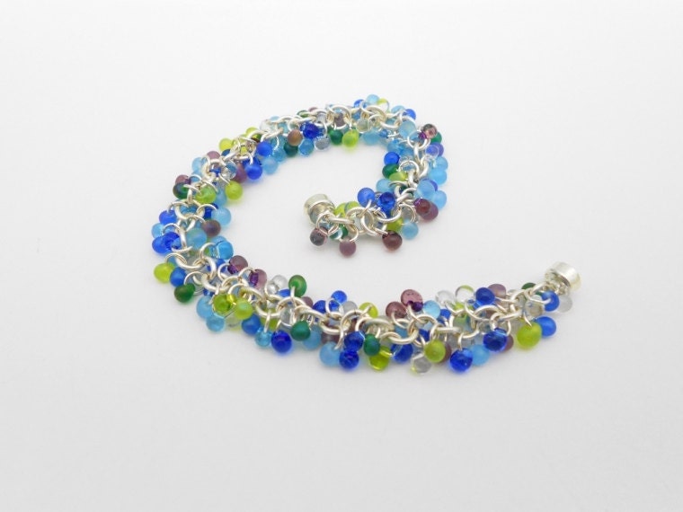 Blue Shaggy Beaded Bracelet, Silver, Colorful, Magnetic, Jewelry Set