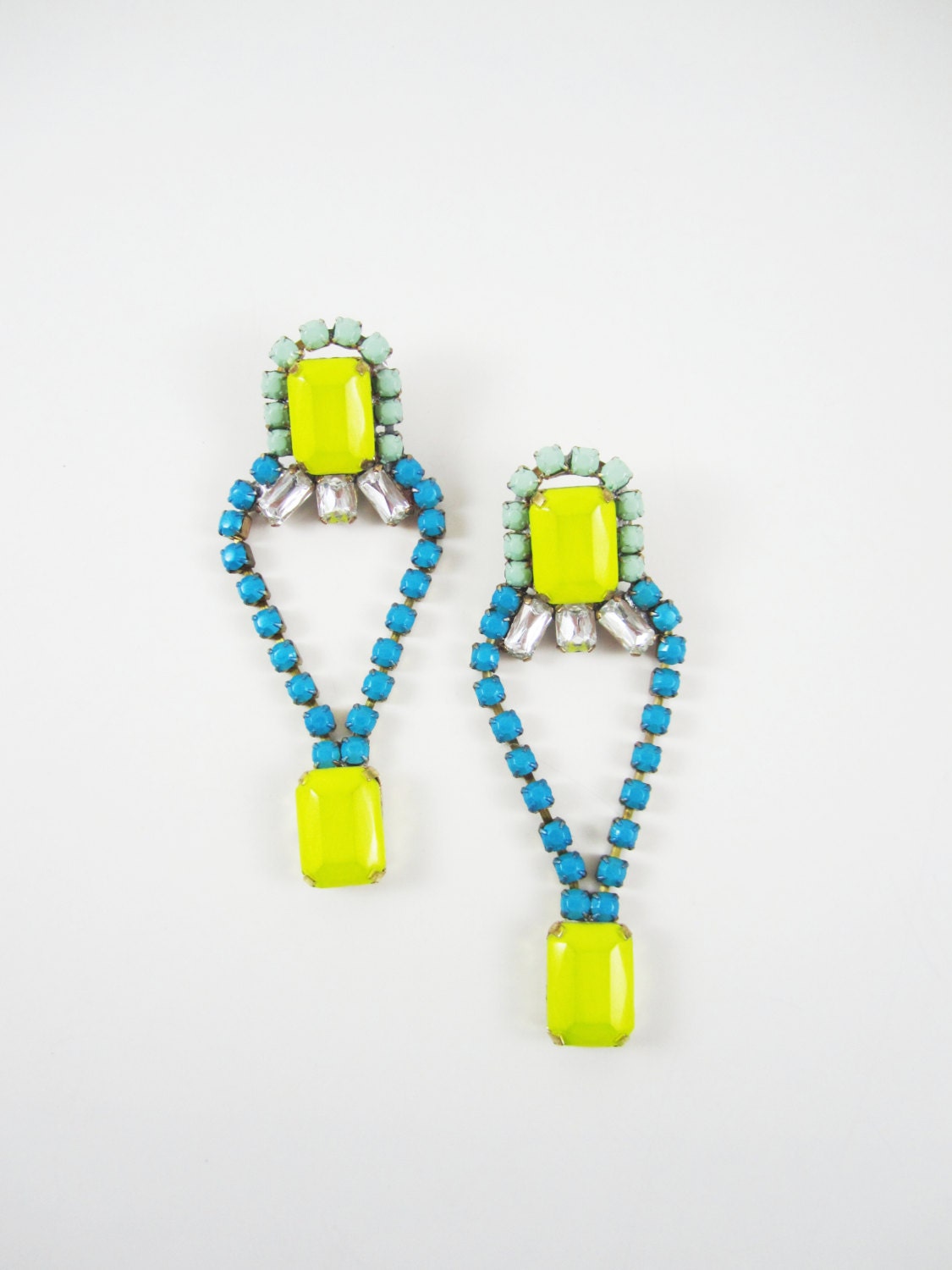 The Maecy Earrings- One Of A Kind -  Vintage Hand Painted Yellow, Blue, Mint Rhinestone Earrings - by Love Obsessed