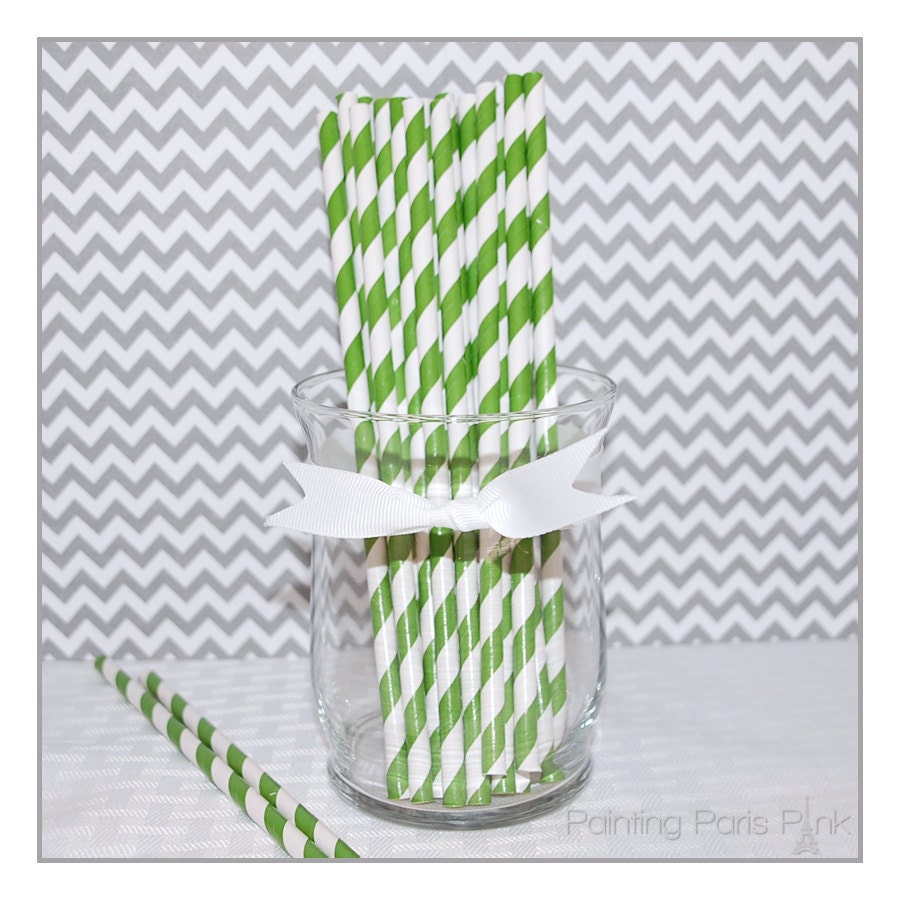 25 Paper Party Drinking Straws - STRIPES - Kelly Green