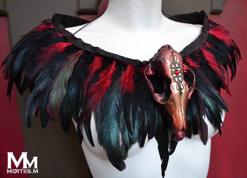 Feathered Faux Fox skull collar in metallic Gold and Wine Mortiis.M