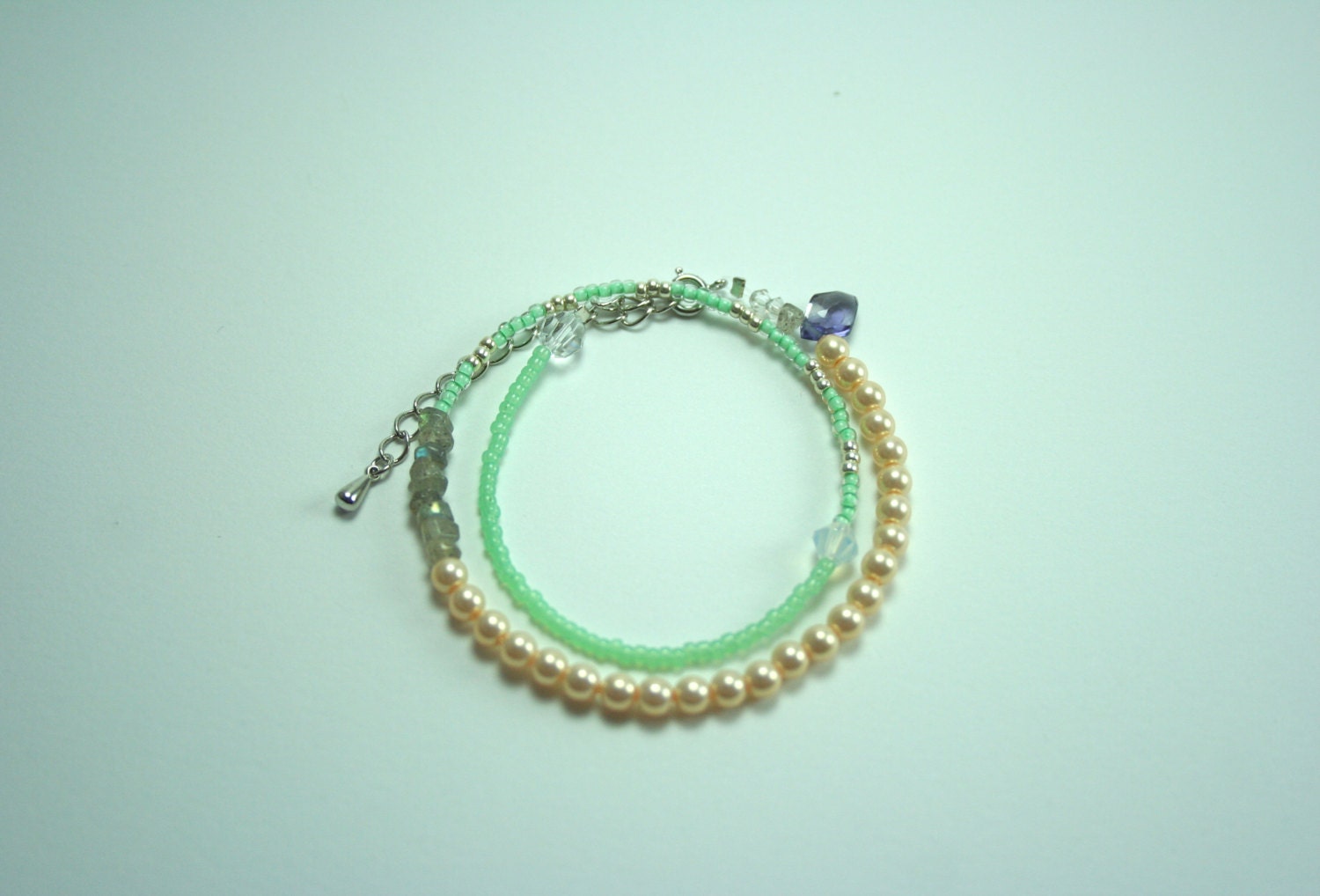 Labradorite and Iolite teardrop gemstone wrap bracelet