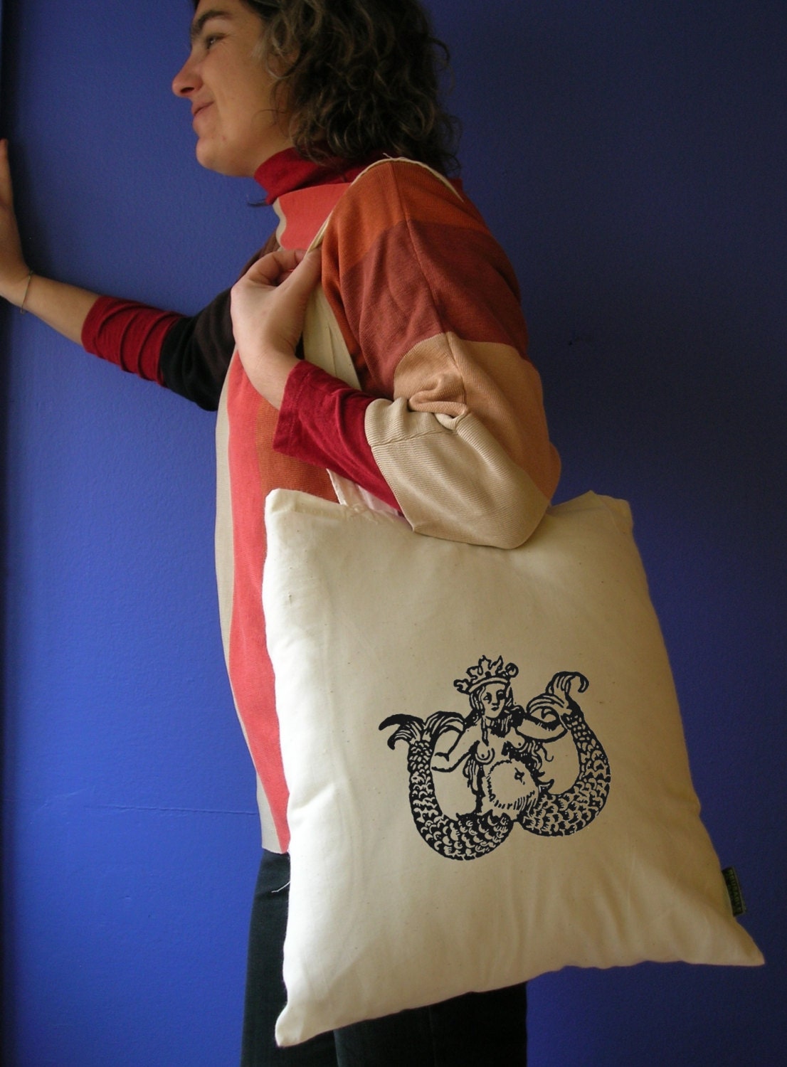 Lightweight 100% Cotton Tote Bag Natural Color with vintage double tailed mermaid print