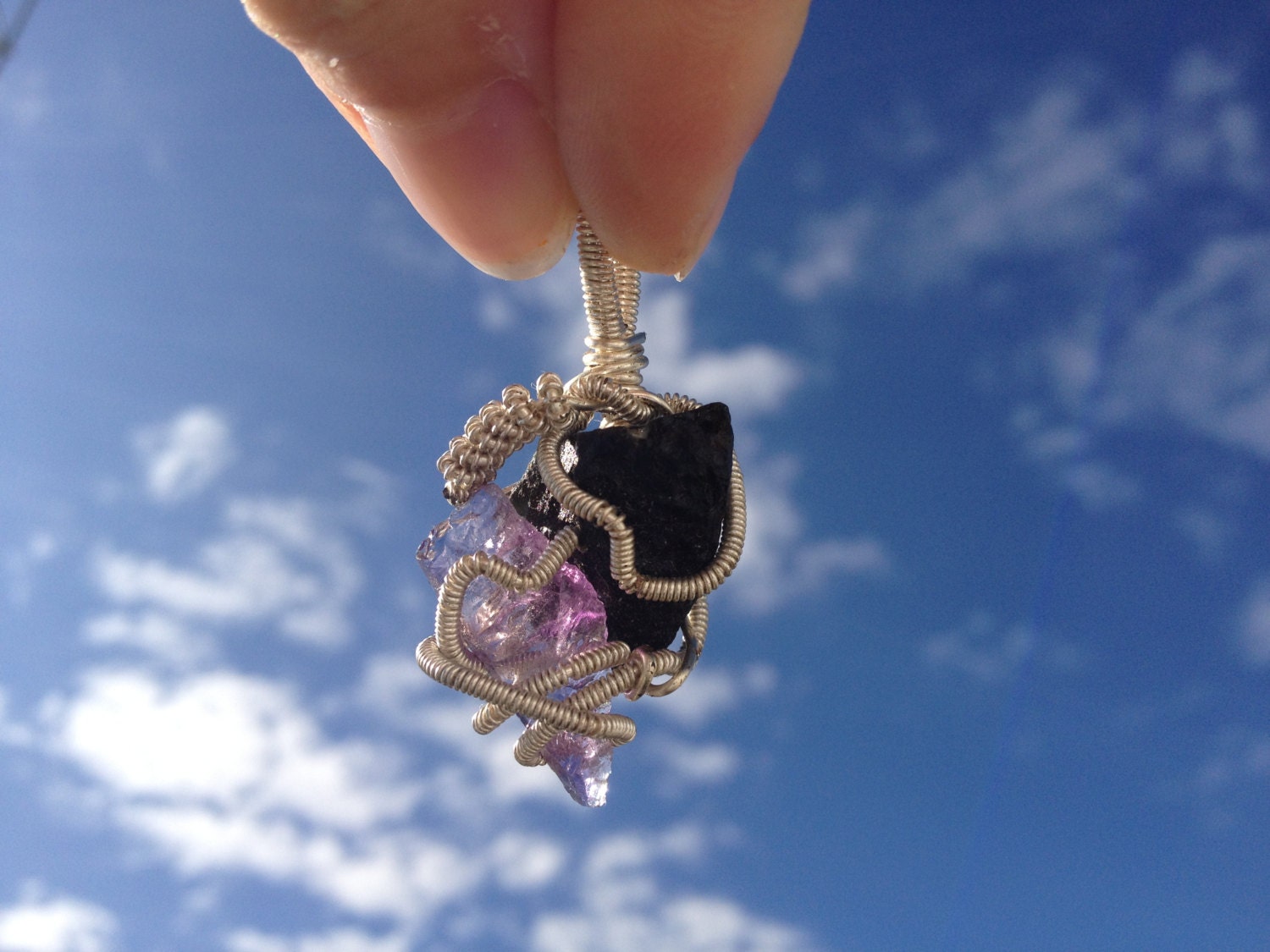 wire-wrapped amethyst / tektite pendant