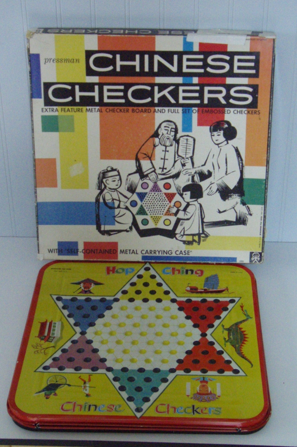 Chinese Checkers 2-in-1 Game Litho Tin Original Box and Pieces