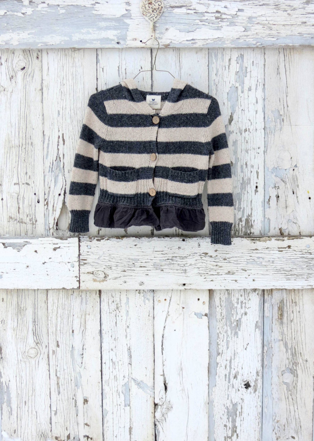 Oatmeal on a Gray Day Hoodie Sweater Cardigan upcycled grey cream striped sweater jacket eco friendly boho chic