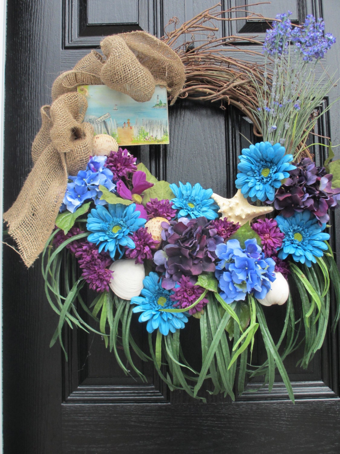 Front Door Wreath,Beach Wreath, Cottage Wreath, Summer Wreath, Shell Wreath,Patio Wreath,Spring Wreath, Burlap Bow, Life is a Beach sign