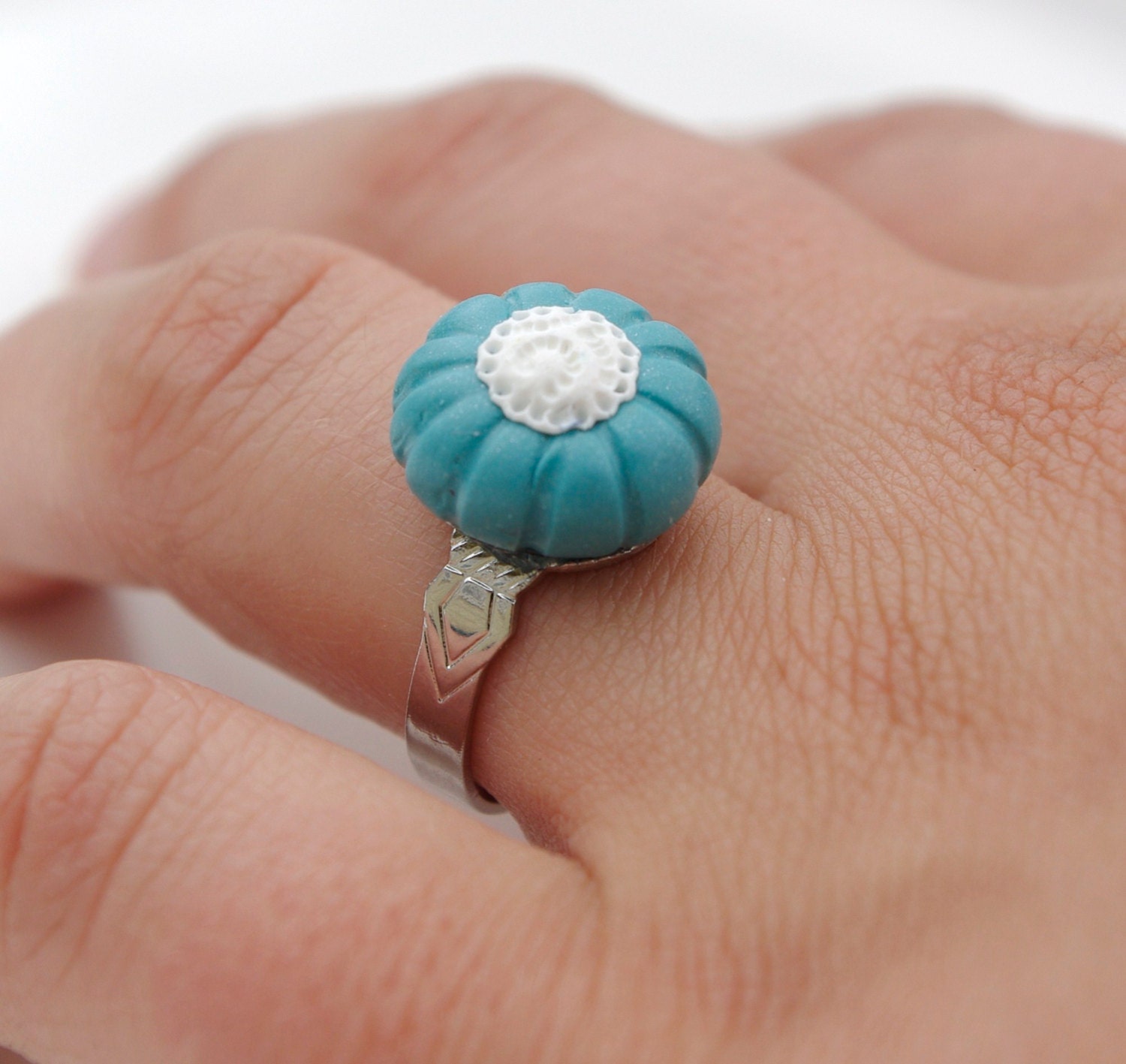 white lace and ocean blue polymer clay ring - fully adjustable - emsawhatsy