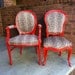 RESERVED Chairs, French Bergere Animal Print Upholstered Dining Chairs Boho Chic Red Eclectic Colorful