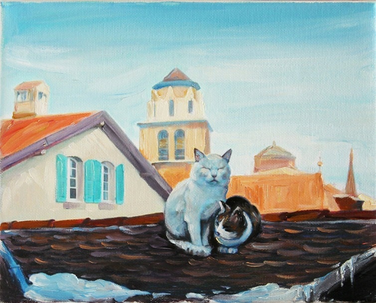 Animals Art Cats on Roof Beautiful Miniature Oil Painting on Canvas Wall Decor
